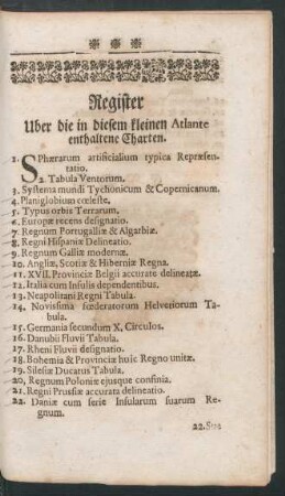 Register uber die in diesem kleinen Atlante enthaltene Charten.