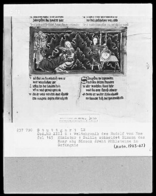 Weltchronik - Bruder Philipp — ---, Folio 1recto-256recto---, Folio 1recto-256rectoDelilah schneidet Simson das Haar ab und Simson in der Tretmühle, Folio 163recto