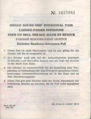Interzonen-Pass für eine Reise von Berlin (West) in die Bundesrepublik