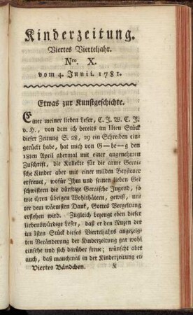 Kinderzeitung. Viertes Vierteljahr. Nro. X. vom 4. Junii. 1781.