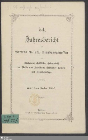 54.1895: Jahresbericht des Vereins Ev.-Luth. Glaubensgenossen zur Förderung Christlicher Erkenntnis im Volke und Ausübung Christlicher Armen- und Krankenpflege