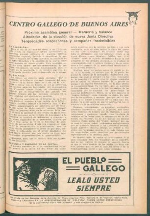 Centro Gallego de Buenos Aires : Próxima asamblea general - Memoria y balance - Alrededor dela elección de nueva Junta Directiva - Terquedades sosopechosas y campañas inadmisibles
