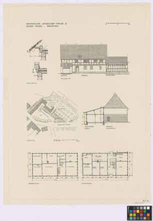 Niedervellmar (Landkreis Kassel[-Stadt oder Land]): Bauernhaus Ihringshäuser Straße 23. - Backhaus (Rück-Ansicht). - Wohnhaus (Rück-Seiten-Ansicht, Giebel-Ansicht, Grundriss des Obergeschosses, Grundriss des Erdgeschosses). - Lageplan mit Wohnhaus (Aufsicht), Backhaus (Aufsicht), Holzschuppen (Aufsicht), Mist (Aufsicht), Scheune und Stallung (Aufsicht). - Holzschuppen (Schnitt). - Traufe (Detail-Querschnitt). - Fassade (Detail-Schnitt)