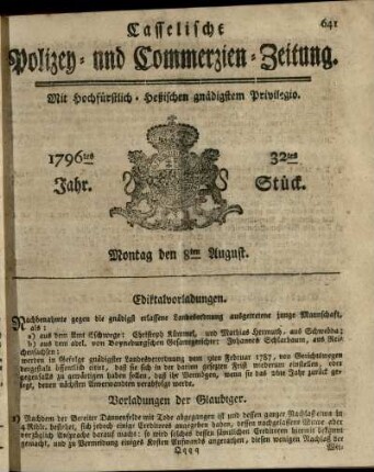 32tes Stueck, Montag den 8ten August 1796