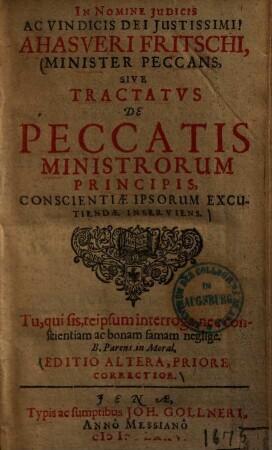 Ahasveri Fritschi, Minister Peccans, Sive Tractatvs De Peccatis Ministrorum Principis, Conscientiae Ipsorum Excutiendae Inserviens