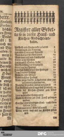 Register aller Gebetter so in dieser Hauß- und Kirchen-Andacht enthalten.