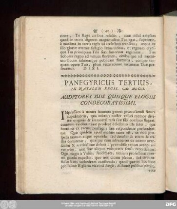 Panegyricus Tertius, In Natalem Regis. Ao. MDCCI.