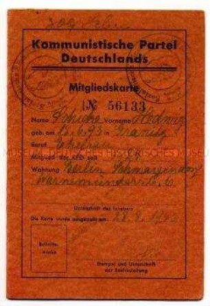 Mitgliedskarte KPD von Hedwig Schicke