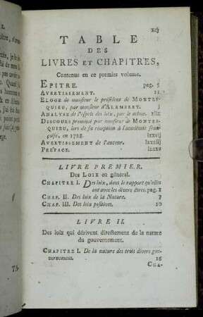 Table des Livres et Chapitres, Contenus en ce premier volume.