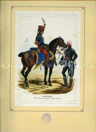 Uniformdarstellung, Flügel-Adjutant und Ordonnanz-Gendarm, Frankreich, 1814. Aus: Bellangé: Die Soldaten der französischen Republik und des Kaiserreichs.