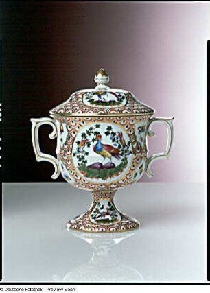 Doppelhenkelvase mit Deckel und Vögeln