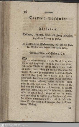 Vierter Abschnitt. Färberey. Seidenes, Leinenes, Wollenes, Zeug und Leder, ingleichen Federn zu färben