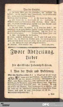 Zwote Abtheilung. Lieder über die christliche Lebenspflichten.