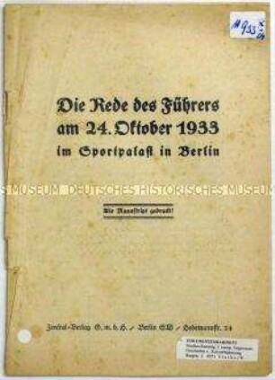 Sonderdruck mit dem Wortlaut der Rede Hitlers im Sportpalast 1933 in Berlin