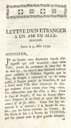 Lettre d'un étranger a un ami Allemagne.