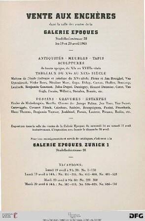 Antiquités, meubles, tapis, sculptures de haute époque, du XIe au XVIIIe siècle, tableaux du XVe au XIXe siècle, dessins, gravures, estampes : 19 et 20 avril 1943