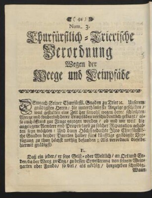 Num. 3. Churfürstlich-Trierische Verordnung Wegen der Weege und Leinpfäde