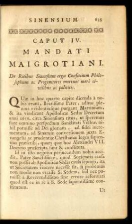 Caput IV. Mandati Maigrotiani. De Ritibus Sinensium erga Confucium Philosophum ac Progenitores mortuos merè civilibus a politics
