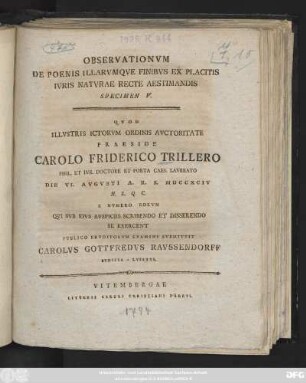 Specimen 5: Observationvm De Poenis Illarvmqve Finibvs Ex Placitis Ivris Natvrae Recte Aestimandis