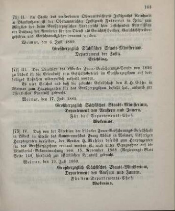 73. Ministerial-Bekanntmachung, den Wechsel in der Hauptagentur der Lübecker Feuer-Versicherungs-Gesellschaft zu Lübeck betreffend