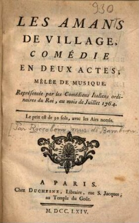Les amans de village : Comédie en deux actes, mêlée de musique [de Bambini]