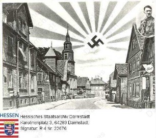 Nieder-Wöllstadt, Dorfstraße / mit Bildlegende 'Heilgrüße aus Nieder-Wöllstadt' mit Hakenkreuz-Sonne über Dorstraße und Porträt des 'Reichskanzlers Adolf Hitler' (1889-1945) in der rechten oberen Ecke, Brustbild in Medaillon