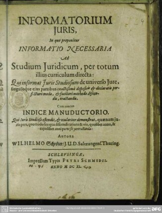 Informatorium Juris : in quo proponitur informatio necessaria ad studium iuridicum; cum indice manuductorio