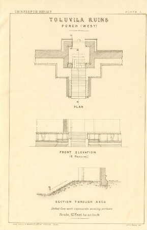 Plate L. Toluvila ruins. Porch (west). Plan. Front elevation. Section through A. B. C. D.