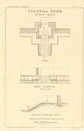 Plate L. Toluvila ruins. Porch (west). Plan. Front elevation. Section through A. B. C. D.