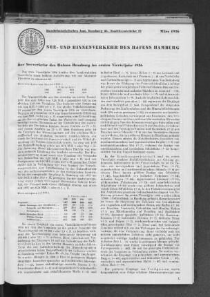 Der Seeverkehr des Hafens Hamburg im März 1936