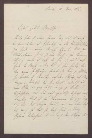 Schreiben von Moritz Ellstätter, Berlin, an seine Frau Marie: - [August] Eisenlohr in der Ausschusssitzung - Diner mit [Ludwig] Bamberger und [August] Eisenlohr - Betrachtung des Schiller-Monuments - Privates - Theater (zusammen mit [August] Eisenlohr) - Einladungen von [Hans Freiherr von] Türckheim und [Louis Frédéric Jacques] Ravené - Diners bei Hansemanns und Gladbecks - Kontakt zu Reiß