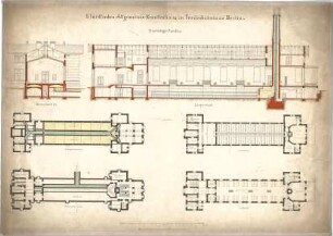 ohne Verfasserangabe; Berlin - Friedrichshain; Allgemeines Krankenhaus - Grundrisse Keller, Grundriss EG, Grundriss DG, (Querschnitt, Längsschnitt