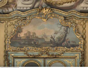 Tür mit Landschaftsdarstellungen und Figuren, Landschaft mit Ruine, Figuren, dahinter ruhige See mit einem Schiff