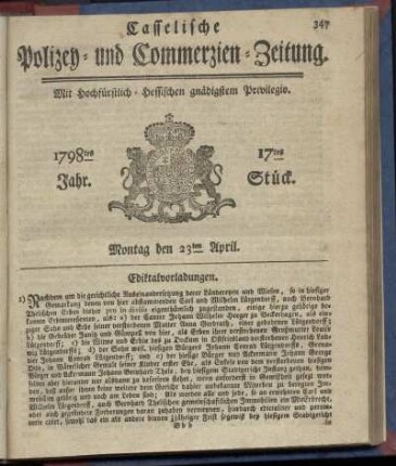 17tes Stueck, Montag den 23ten April 1798