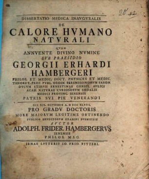 Dissertatio Medica Inavgvralis De Calore Hvmano Natvrali