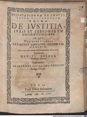 Disputationum ex Institut. Imper. desumptarum prima de iustitia iuris et personarum distributionibus