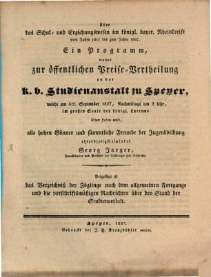 Über das Schul- und Erziehungswesen im k. b. Rheinkreise vom J. 1817 bis 1827