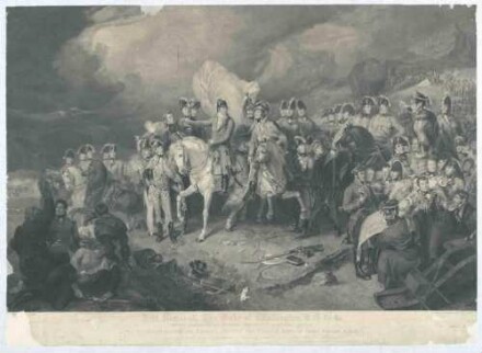 Schlacht von Nivelles, Brabant, Herzog von Wellington, engl. Feldmarschall erteilt Offizieren Befehle, vorne rechts Soldaten eine geograf. Karte studierend, im Vordergrund links verwundete Soldaten, im Hintergrund anrückendes Regiment