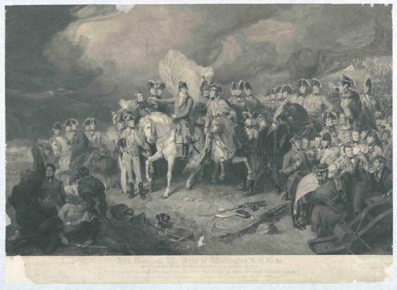 Schlacht von Nivelles, Brabant, Herzog von Wellington, engl. Feldmarschall erteilt Offizieren Befehle, vorne rechts Soldaten eine geograf. Karte studierend, im Vordergrund links verwundete Soldaten, im Hintergrund anrückendes Regiment