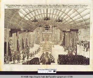 Das Banquett Kaiser Karls VI. 1711 in der Reichsstadt Frankfurt im großen Römersaal anlässlich der Kaiserkrönung.