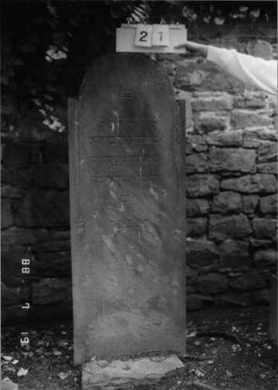 Grabstein 21 (Index: 100094855) Material: Sandstein Zustand: abgeblättert Maße HxBxT: 167x60x7 cm Beschreibung: Stele, eingezogener Rundbogenabschluß: Grabstein 21