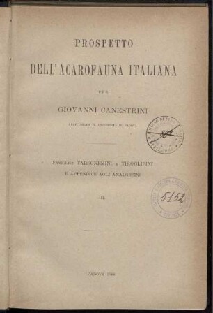 3: Famiglie: Tarsonemini E Tiroglifini E Appendice Agli Analgesini