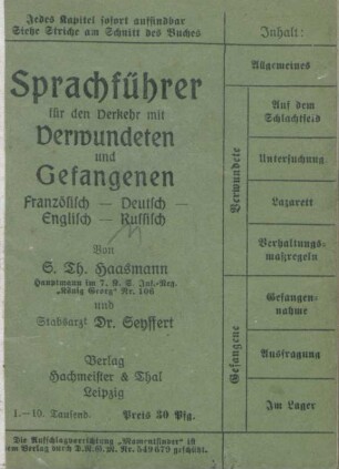 Sprachführer für den Verkehr mit Verwundeten und Gefangenen : Französisch - Deutsch - Englisch - Russisch