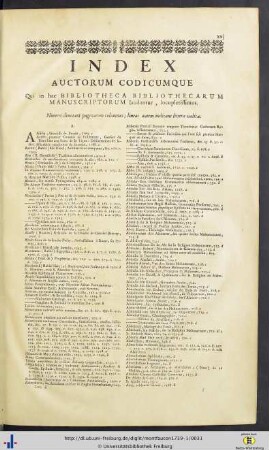 Index Auctorum Codicumque Qui in hac Bibliotheca Bibliothecarum Manuscriptorum laudantur, locupletissimus.