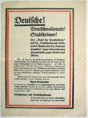 Propagandaschrift mit dem Aufruf an die Mitglieder und Anhänger der DNVP und des Stahlhelm, bei der Reichstagswahl im November 1932 für die NSDAP zu stimmen