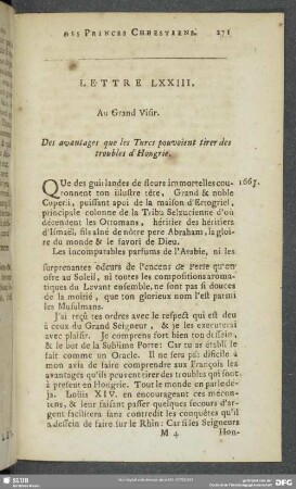 Lettre LXXIII [i.e. LXXIV]. Au Grand Visir