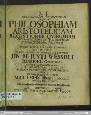 Disputationem Philosophicam Inque Ea Philosophiam Aristotelicam ...