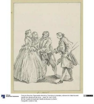 Sganarelle stimmt zu, Dorimène zu heiraten, während ihr Vater Alcantor beiden die Hände auf die Schultern legt und von rechts Dorimènes Bruder Alcide mit Schwertern zum Duell herbeikommt (nach Bouchers Illustrationsentwurf für Molières "Le Mariage forcé")