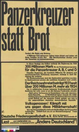 Plakat der Deutschen Friedensgesellschaft (Bund der Kriegsgegner) gegen das Flottenbauprogramm der Reichsregierung