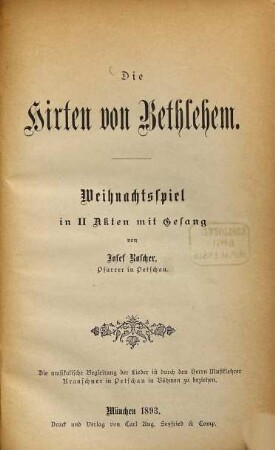Die Hirten von Bethlehem : Weihnachtsspiel in II Akten mit Gesang